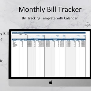 Może przedstawiać: Ekran komputera wyświetla szablon arkusza kalkulacyjnego "Monthly Bill Tracker" z kalendarzem. Tekst na ekranie zawiera "Easy Monthly Bill tracking table" i "Enter only Amount & Payment Date." Widoczne jest logo Excel.
