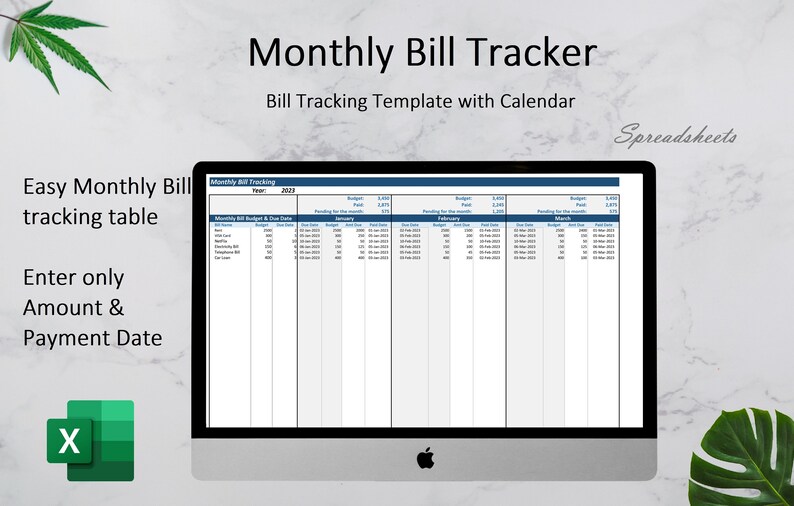 Może przedstawiać: Ekran komputera wyświetla szablon arkusza kalkulacyjnego "Monthly Bill Tracker" z kalendarzem. Tekst na ekranie zawiera "Easy Monthly Bill tracking table" i "Enter only Amount & Payment Date." Widoczne jest logo Excel.