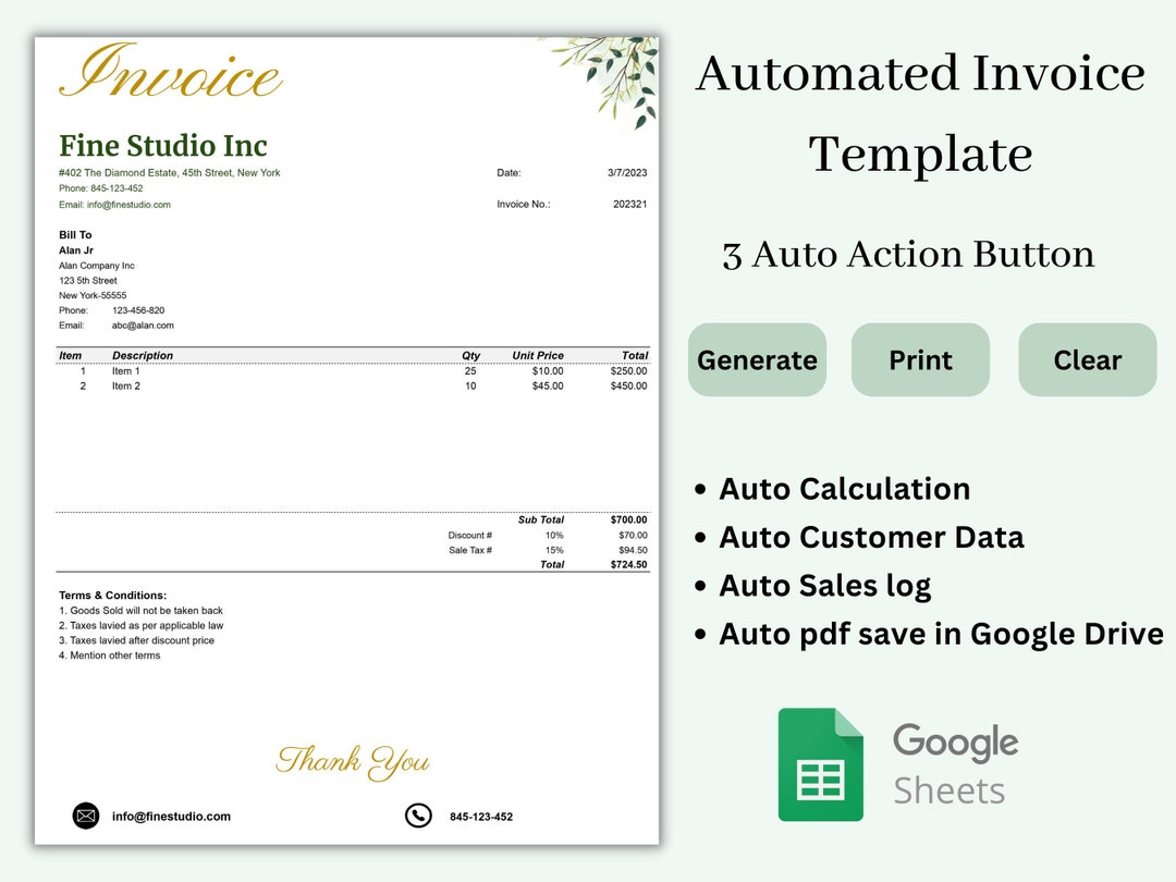 Automated Invoice Spreadsheet | Google Sheet Invoice for Small Business ...