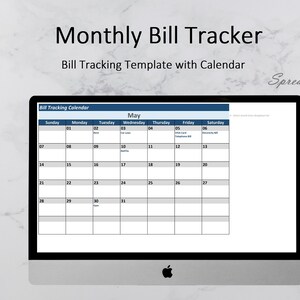 Może przedstawiać: Ekran komputera wyświetla miesięczny szablon śledzenia rachunk&oacute;w z kalendarzem na maj. Widoczny jest tekst "Monthly Bill Tracker" i "Auto Bill Tracking Calendar". Ikona programu Excel znajduje się w lewym dolnym rogu.