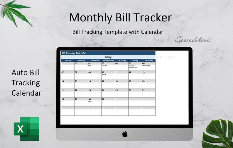 Może przedstawiać: Ekran komputera wyświetla miesięczny szablon śledzenia rachunk&oacute;w z kalendarzem na maj. Widoczny jest tekst "Monthly Bill Tracker" i "Auto Bill Tracking Calendar". Ikona programu Excel znajduje się w lewym dolnym rogu.