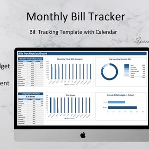 Może przedstawiać: Ekran komputera wyświetla szablon arkusza kalkulacyjnego "Monthly Bill Tracker" z kalendarzem. Szablon zawiera wykresy do miesięcznej analizy rachunk&oacute;w, budżetu vs. rzeczywistych płatności i analizy gł&oacute;wnych wydatk&oacute;w. Widoczne jest logo Excel.