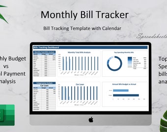 Bill Tracker Excel Template with Due date Calendar|  Monthly Budget Dashboard | Personal Finance Planner Spreadsheet | Expense Tracking
