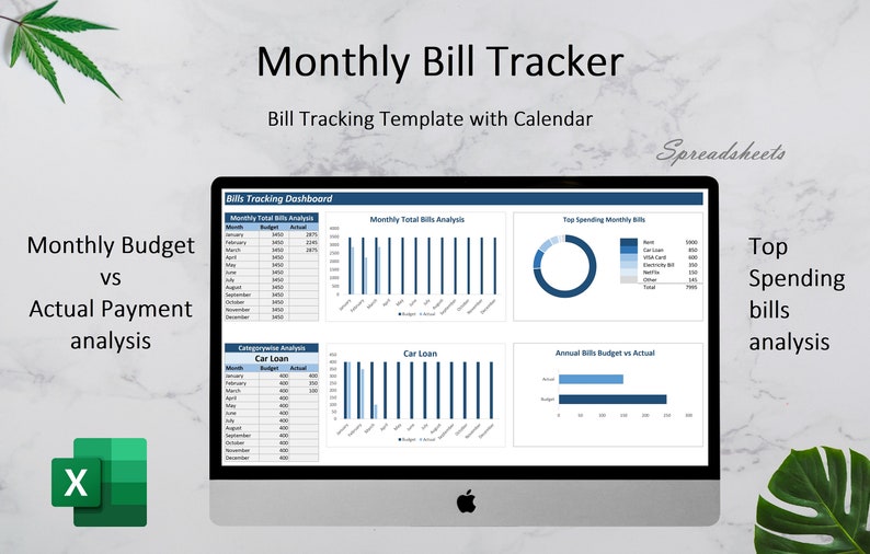 Może przedstawiać: Ekran komputera wyświetla szablon arkusza kalkulacyjnego "Monthly Bill Tracker" z kalendarzem. Szablon zawiera wykresy do miesięcznej analizy rachunk&oacute;w, budżetu vs. rzeczywistych płatności i analizy gł&oacute;wnych wydatk&oacute;w. Widoczne jest logo Excel.