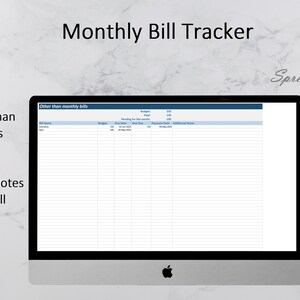 Może przedstawiać: Monitor komputera wyświetla arkusz kalkulacyjny zatytułowany "Monthly Bill Tracker". Tabela zawiera kolumny dla budżetu, terminu płatności i daty płatności. Tekst zawiera "Other than monthly bills" i "Add other than monthly Bills Separately."