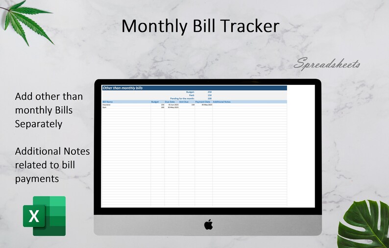 Może przedstawiać: Monitor komputera wyświetla arkusz kalkulacyjny zatytułowany "Monthly Bill Tracker". Tabela zawiera kolumny dla budżetu, terminu płatności i daty płatności. Tekst zawiera "Other than monthly bills" i "Add other than monthly Bills Separately."
