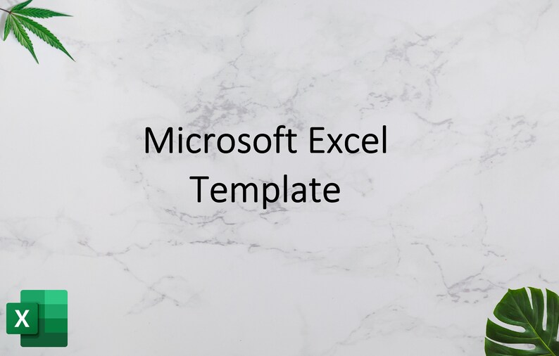 Może przedstawiać: Białe marmurowe tło z czarnym napisem "Microsoft Excel Template". Logo Excel znajduje się w lewym dolnym rogu, a zielone liście w lewym g&oacute;rnym i prawym dolnym rogu.