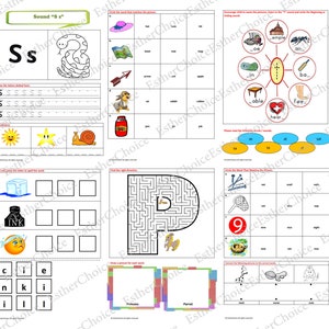 以下が含まれることがあります： さまざまなアクティビティを含む教育用ワークシート。文字のトレース、単語と画像の照合、迷路、単語検索が含まれます。カラフルなイラストと「Sound 'S s'」と「Esther Choice」のテキストが特徴です。
