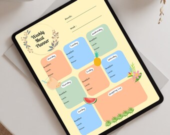 May include: A printable weekly meal planner with a yellow background and colorful boxes for each day of the week. The planner features a tropical theme with illustrations of pineapples, watermelons, and palm leaves. The text "Weekly Meal Planner" is at the top of the page.