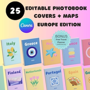 Plantillas de mapas para portadas de libros de fotos de viajes por Europa (descarga digital)