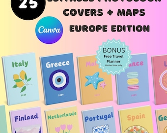 European Travel Photo Book Cover | Canva Map Templates (Digital Download)