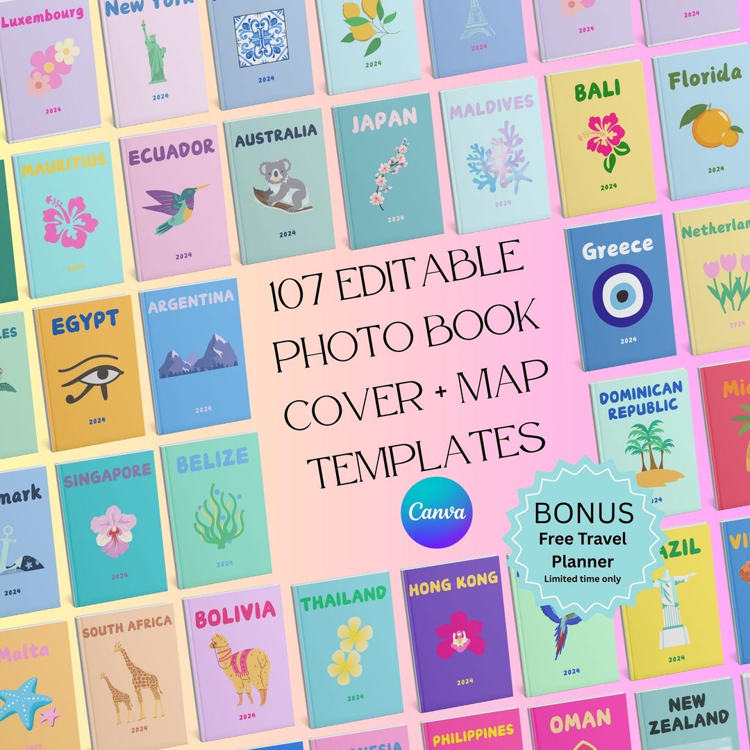 Editable Travel Photo Book Cover & Map Templates | Canva (instant ...