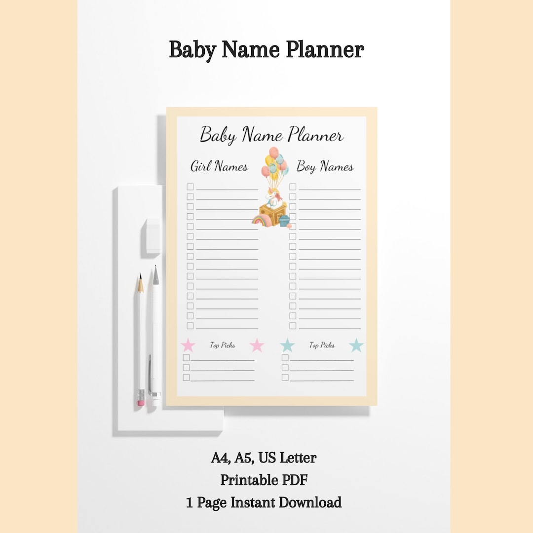 Baby Name Planner Printable, Baby Name Tracker, Baby Name Ideas List, Girl and Boy Names