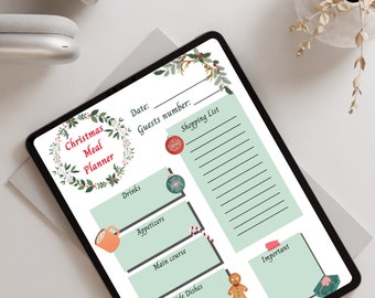 Puede incluir: Un planificador de comidas navideñas digital en una tableta. El planificador incluye secciones para bebidas, aperitivos, plato principal, guarniciones y postres. El diseño incorpora ilustraciones festivas y el texto "Christmas Meal Planner".