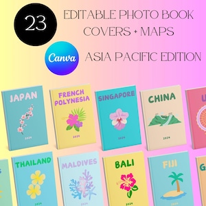 Bearbeitbare Reisefotobuchhülle & Karte | Bearbeitbare Canva Vorlage | Bearbeitbarer Asien-Pazifik-Fotobuchumschlag | Dekoratives Coffee Table Book