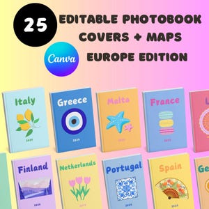 Bearbeitbare Reisefotobuchhülle & Karte | Bearbeitbare Canva Vorlage | Bearbeitbares europäisches Fotobuch Cover | Dekoratives Coffee Table Book