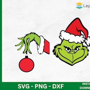 Grinch Gezicht Svg | Grinch Hand SVG | Grinch Gezicht en Hand met Ornament | Grinch Face Silhouet | Kerst Grinch Gezicht