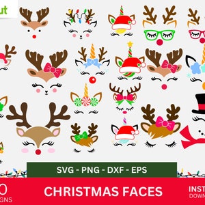 Visages de rennes de Noël SVG Bundle, Rennes SVG, Fille Rennes SVG, Garçon Rennes Svg, Noël Svg, Mignon Visage de Renne Svg Cricut