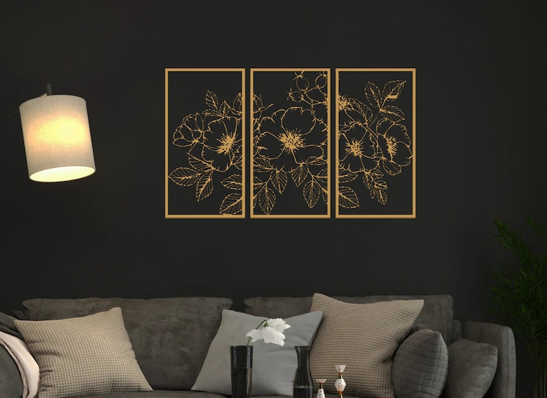 3 Panel Flowers Metal Wall Art Set Gold Wall Art Set Large Etsy