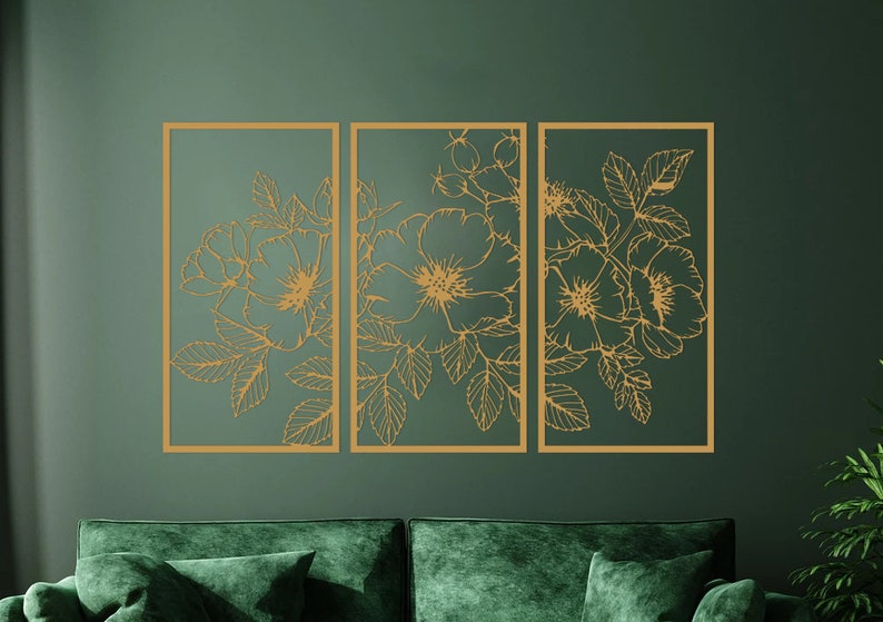 3 Panel Flowers Metal Wall Art Set Gold Wall Art Set Large Etsy