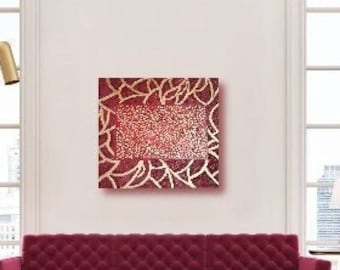 luxury interior painting red gold colors abstract flowers acrylic original painting