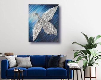 angel in bas-relief technique flying in the night sky.original acrylic painting modern 3D technique wall original art