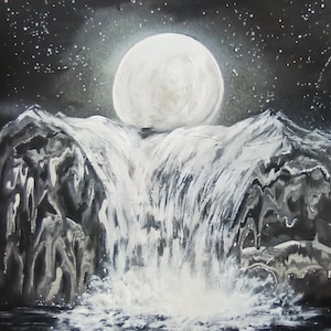 black white cosmos painting moonscape picture moon and waterfall cosmic mountains abstract cosmos