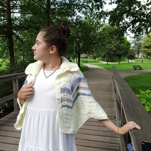 a hand-knitted white pelerine cape with a collar crocheted coat knitted cape on shoulders image 7