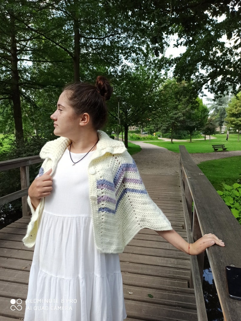 a hand-knitted white pelerine cape with a collar crocheted coat knitted cape on shoulders image 7