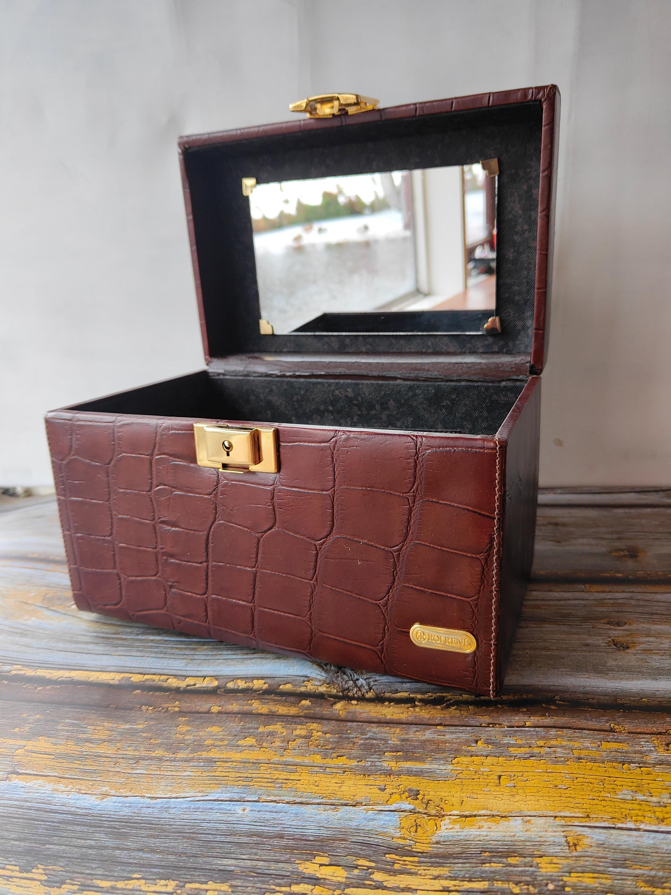 Vintage Faux Crocodile Leather Jewelry Box with Mirror