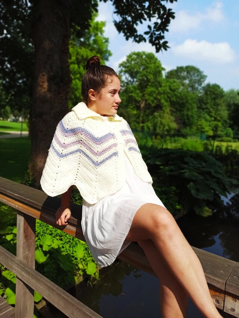 a hand-knitted white pelerine cape with a collar crocheted coat knitted cape on shoulders image 1