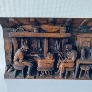 Vintage Hand-Carved Wood Relief - Rustic Kitchen Scene Wall Art