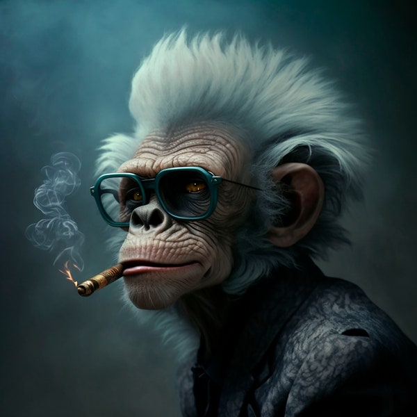 gray-haired monkey with a cigar illustration loading a picture of a chimpanzee in a jacket print PNG stempank monkey