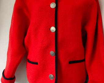 Vintage Red Wool Jacket Tyrolean Style, Austrian Folk Jacket, Boho Alpine Blazer, Wool Coat Women Size M, Traditional European Jacket