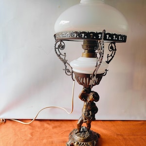 Antique Bronze Cherub Table Lamp – Original Cast Bronze Base with White Glass Shade – French Rococo Style Lighting