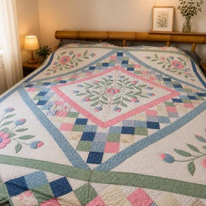 May include: A floral quilt with a patchwork design. The quilt showcases a central diamond pattern with pink and green floral embroidery, framed by blue, pink, and green patchwork squares. The edges are scalloped, and the color palette is soft and inviting.