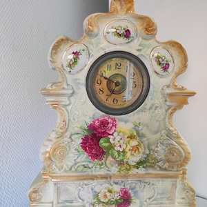 Vintage Ceramic Clock with Floral Pattern, Hand Painted, Shabby Chic Porcelain