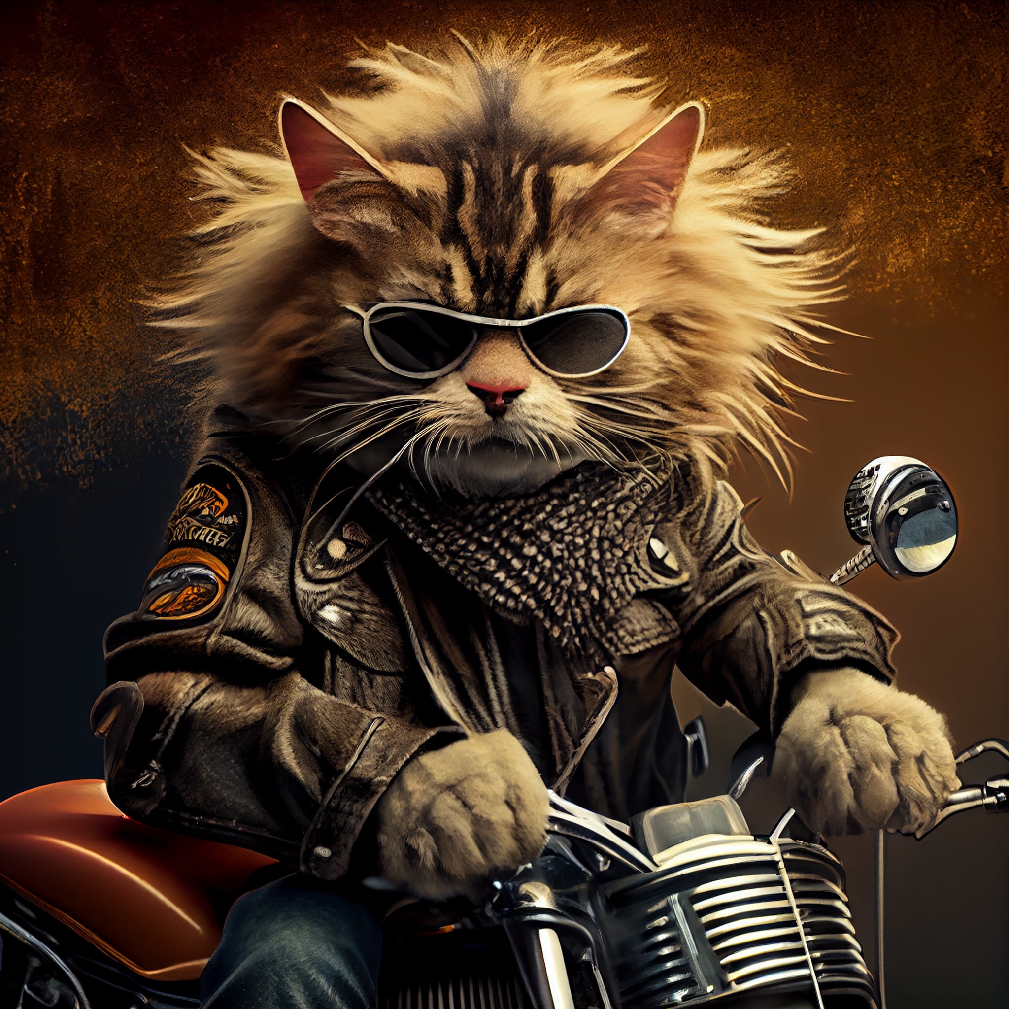 Digital Biker Cat Illustration Cat on Motorcycle Cat in Black Glasses