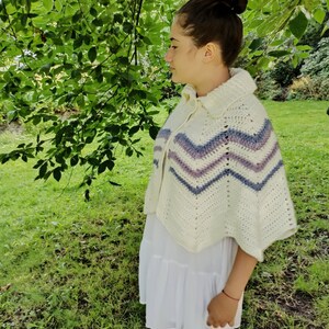 a hand-knitted white pelerine cape with a collar crocheted coat knitted cape on shoulders image 4