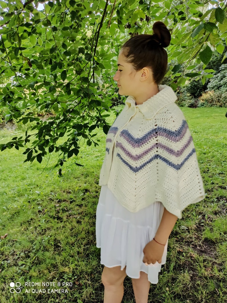a hand-knitted white pelerine cape with a collar crocheted coat knitted cape on shoulders image 4