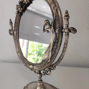 Art Nouveau Vanity Mirror  Antique Style Tabletop Mirror with Lady  Floral Details  Ornate Metal Frame, Pearls & Flowers Vintage Decor