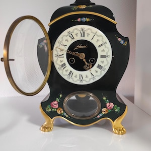Schmid West Germany Vintage Floral dark green Mantel Clock Ornate Hand Painted 8 Day Key Wound Table Clock