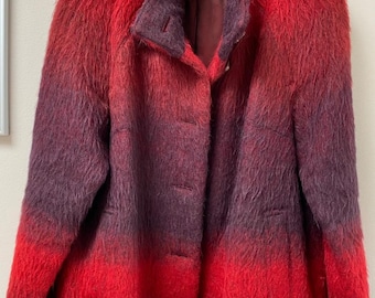 Vintage Marie Méro Alpaca Blend Jacket – Red Ombre Wool Coat – Belgian Designer Blazer – Size EU 44 UK 16 – Fuzzy Textured Statement Piece