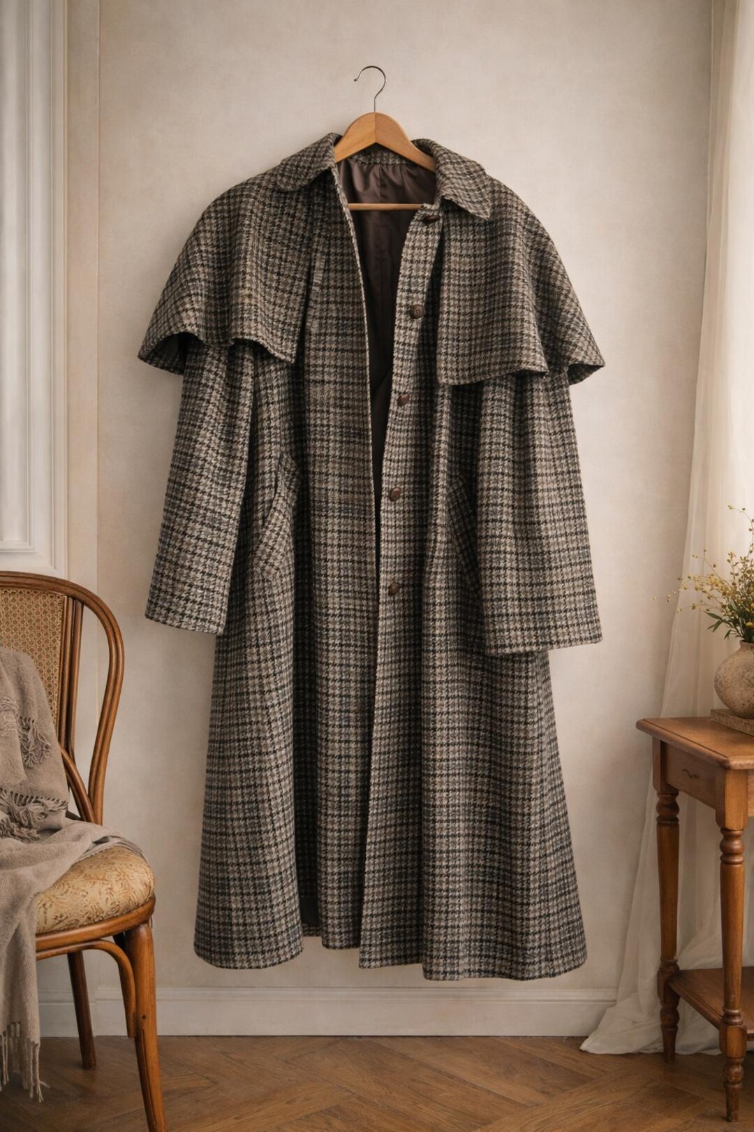 Vintage Houndstooth Cape Coat – Classic Tweed Wool Blend Overcoat ...
