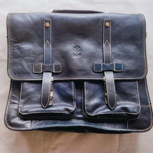 Vintage blauwe lederen kantoor-/werktas schoudertas aktetas, blauwe leren aktetas, laptoptas