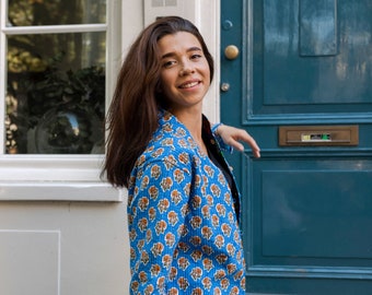 veste matelassée, veste réversible à motif floral, coupe-vent en coton bleu, blazer respirant, pur coton