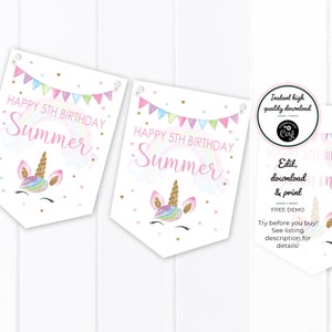 Unicorn Happy Birthday Bunting - Instant Digital Download - Personalised Birthday Bunting/Garland Party Decoration Banner Editable PDF