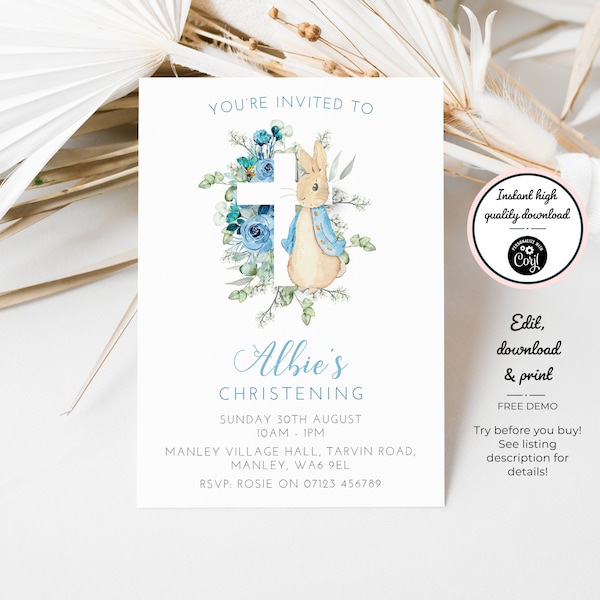 Blue Bunny Rabbit Christening - Christening Invitations - Instant Digital Download - Personalised Christening Invites - Editable PDF