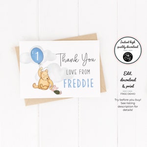 Blue Balloon Classic Winnie the Pooh - Instant Digital Download - Personalised Birthday Thank You Cards - Editable PDF