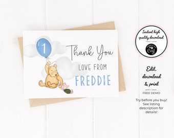 Blue Balloon Classic Winnie the Pooh - Instant Digital Download - Personalised Birthday Thank You Cards - Editable PDF